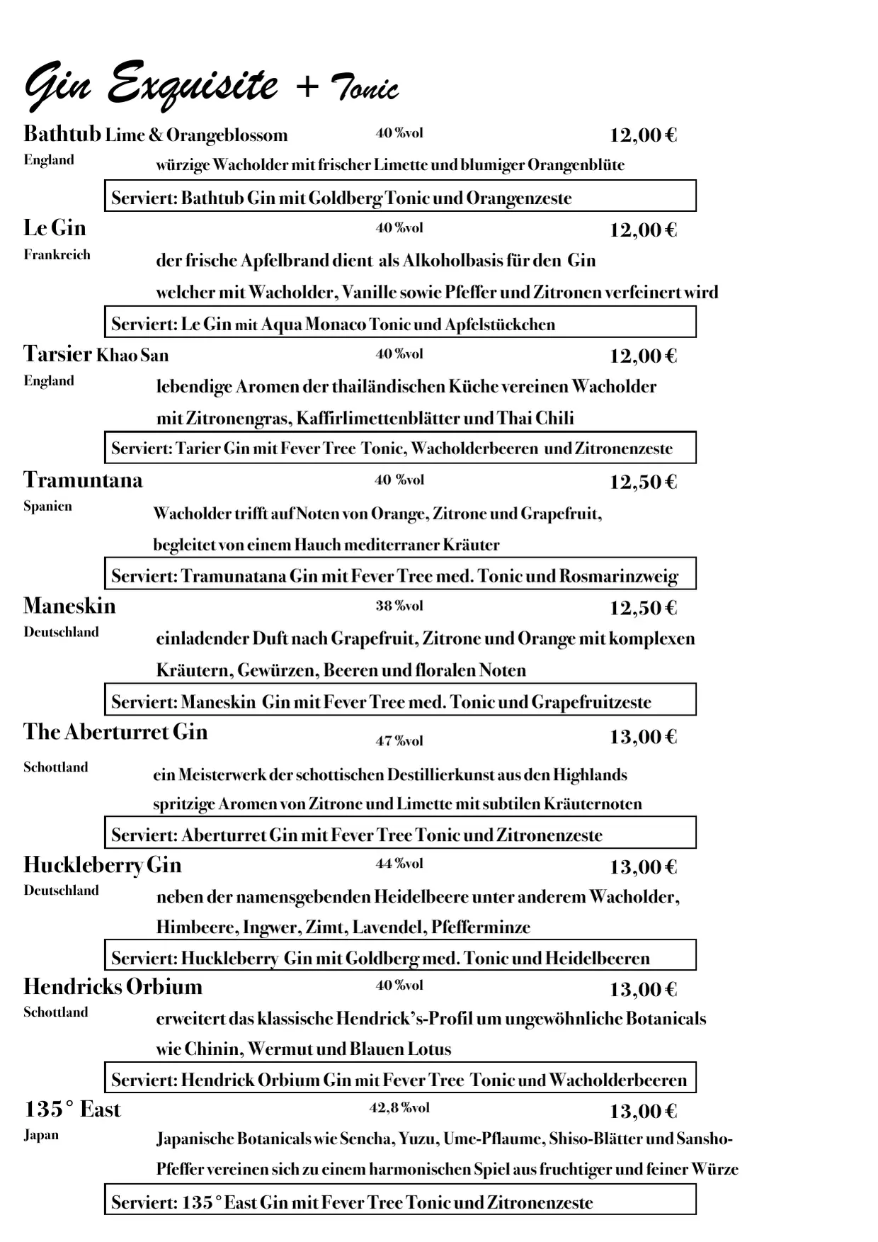 Barkarte, Seite 3 von 8: Gin Exquisite + Tonic