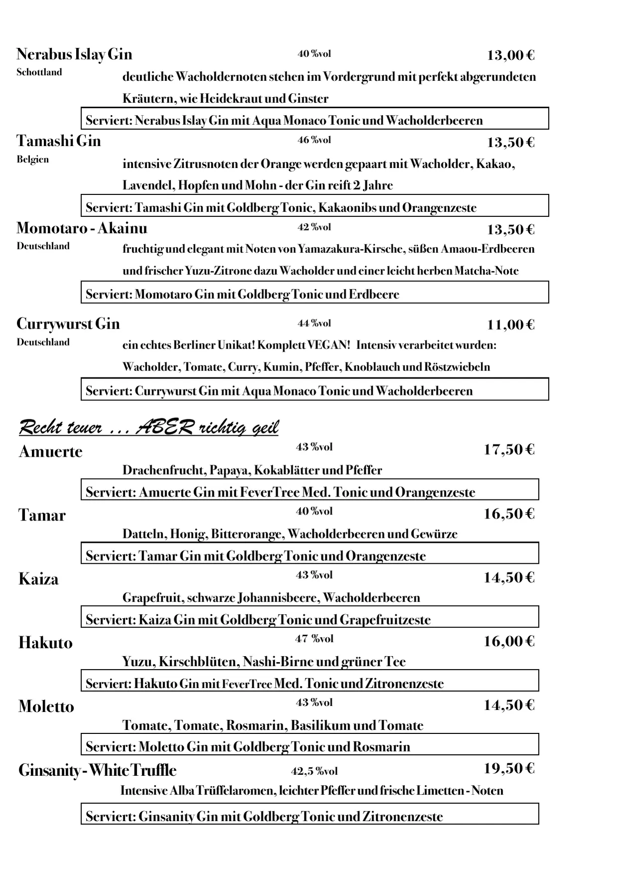 Barkarte, Seite 4 von 8: Gin Exquisite + Tonic · Fortsetzung