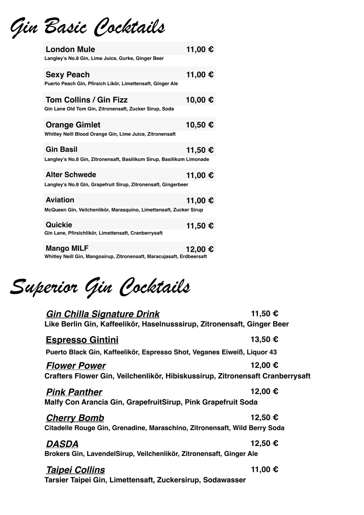 Barkarte, Seite 6 von 8: Gin Basic Cocktails