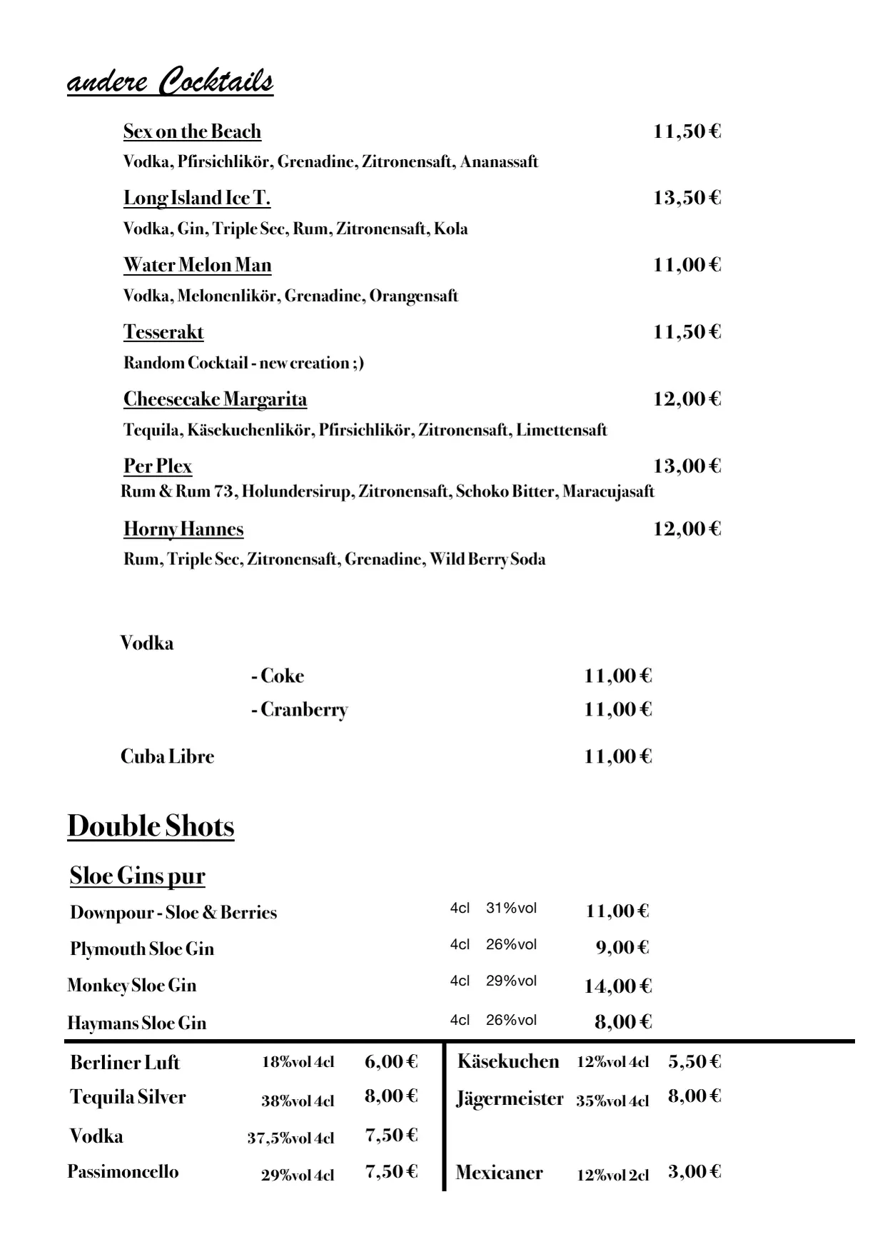 Barkarte, Seite 7 von 8: andere Cocktails