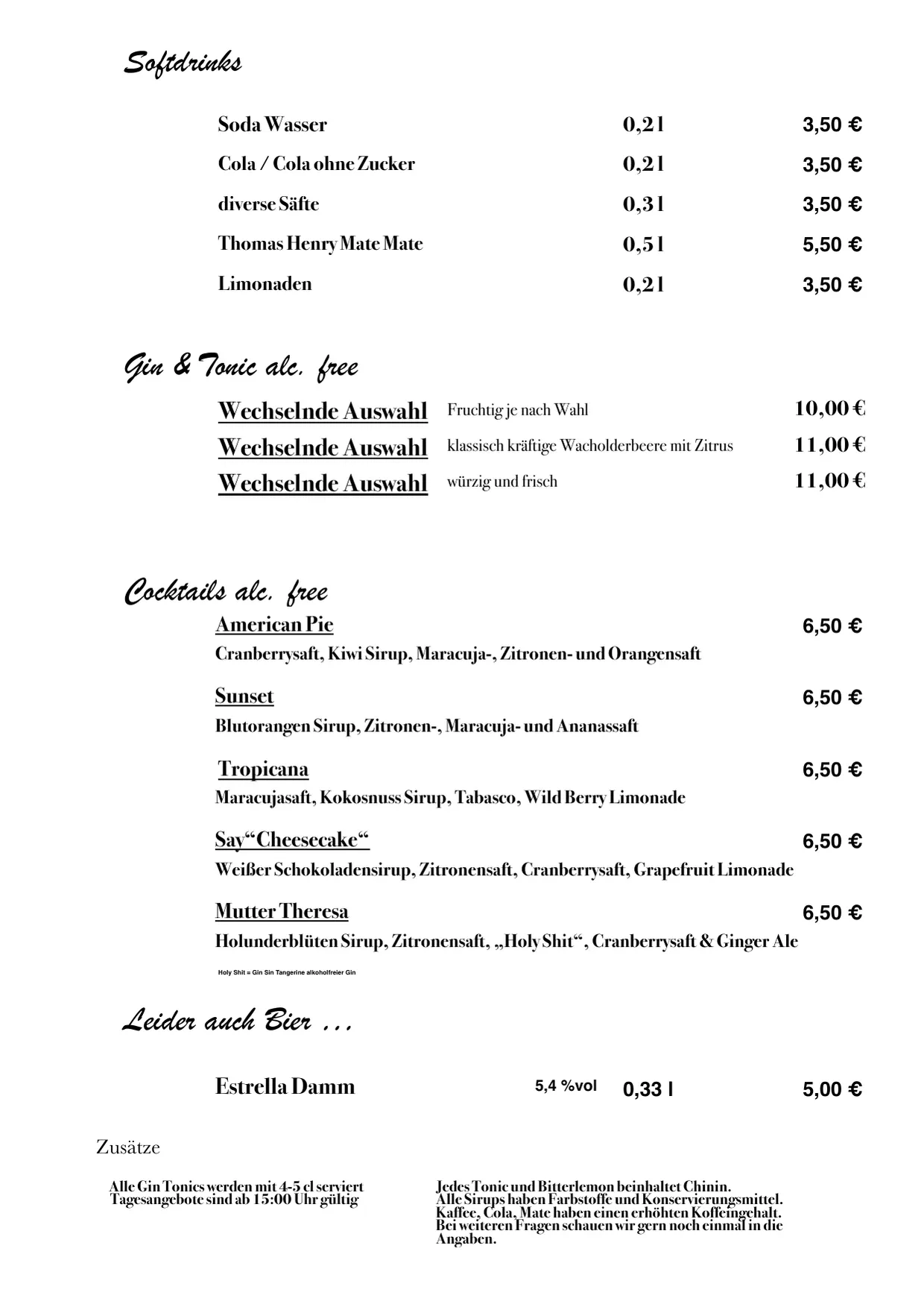 Barkarte, Seite 8 von 8: Softdrinks