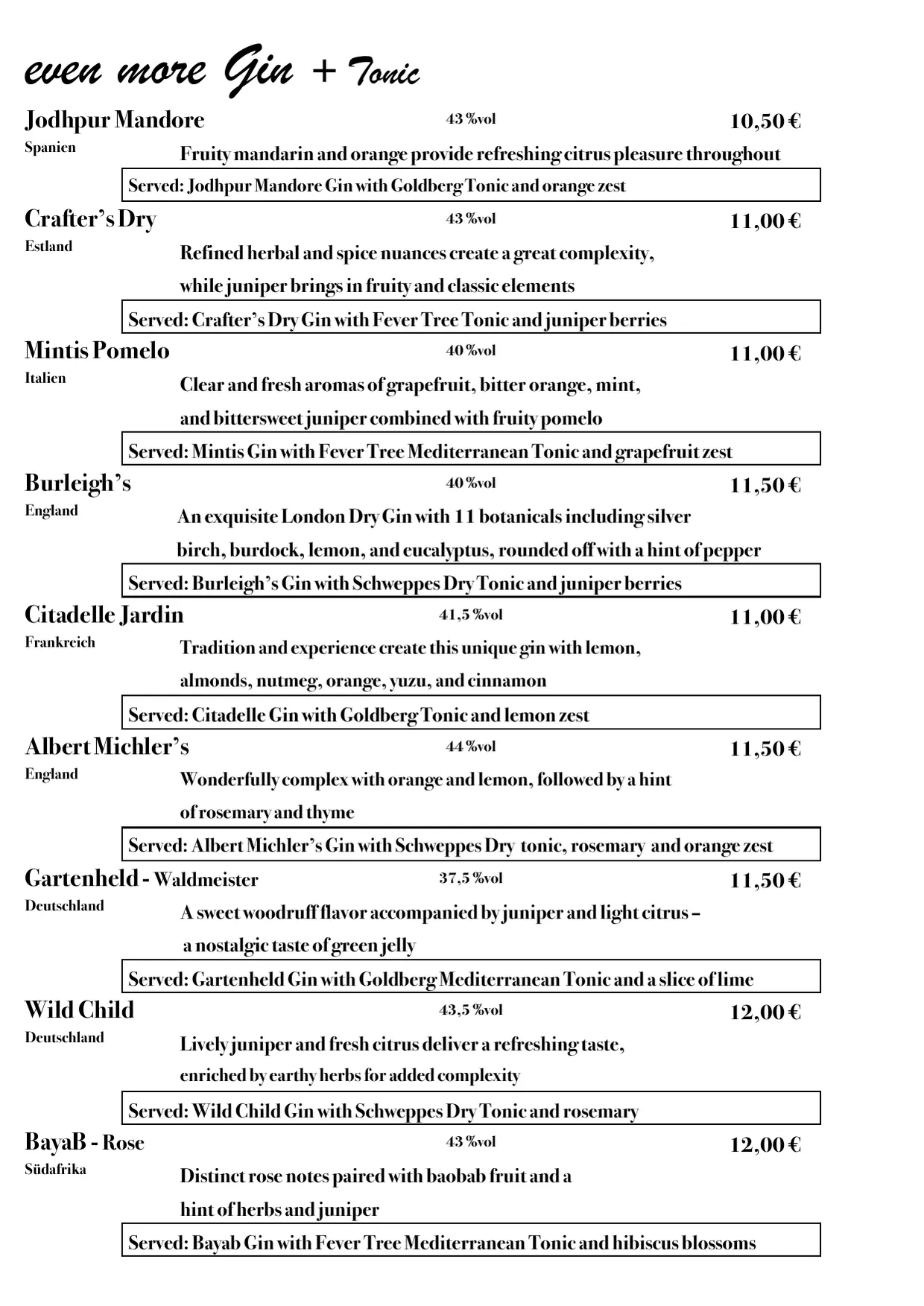 Menu, page 2 of 8: even more Gin + Tonic