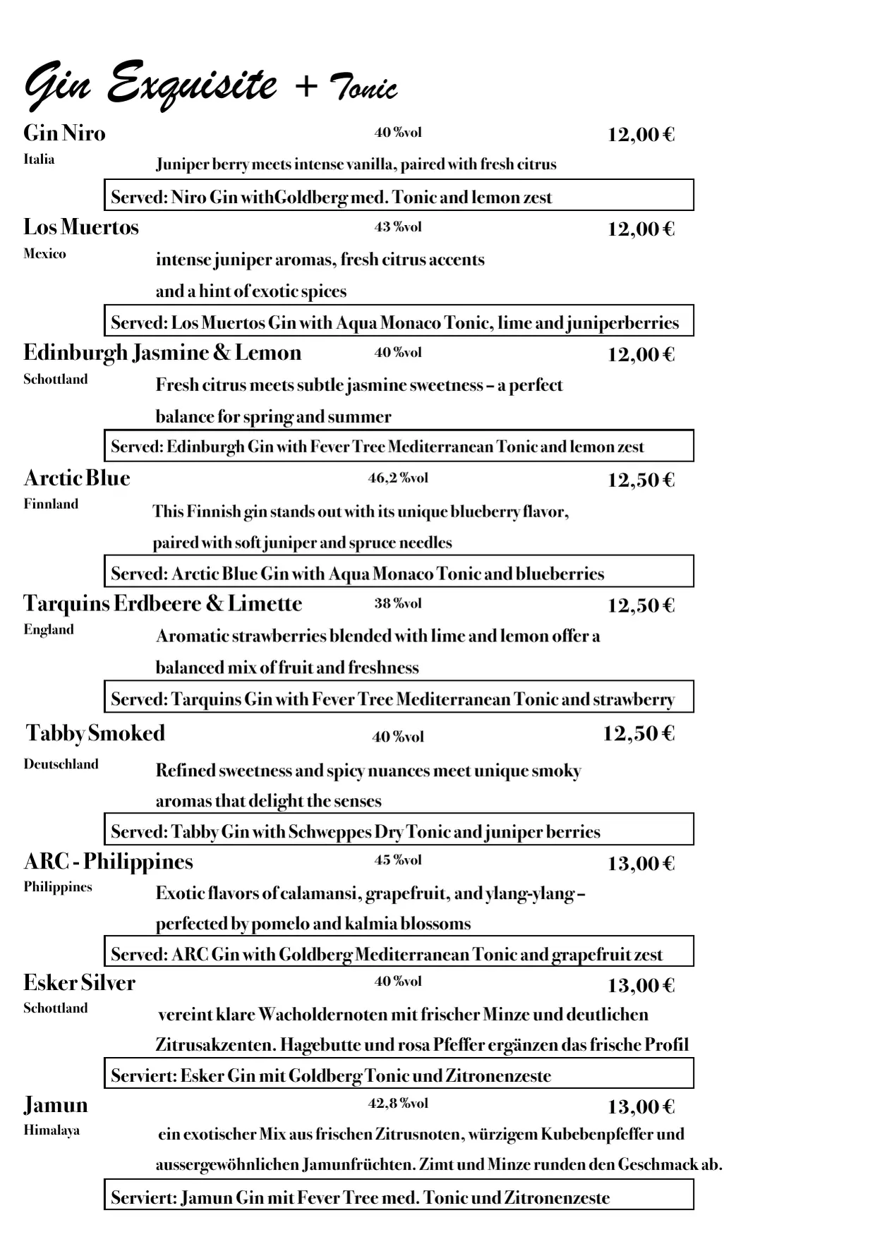 Menu, page 3 of 8: Gin Exquisite + Tonic