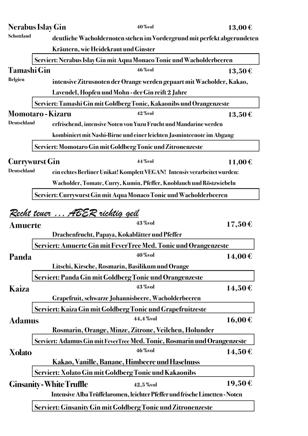Menu, page 4 of 8: Gin Exquisite + Tonic · continued