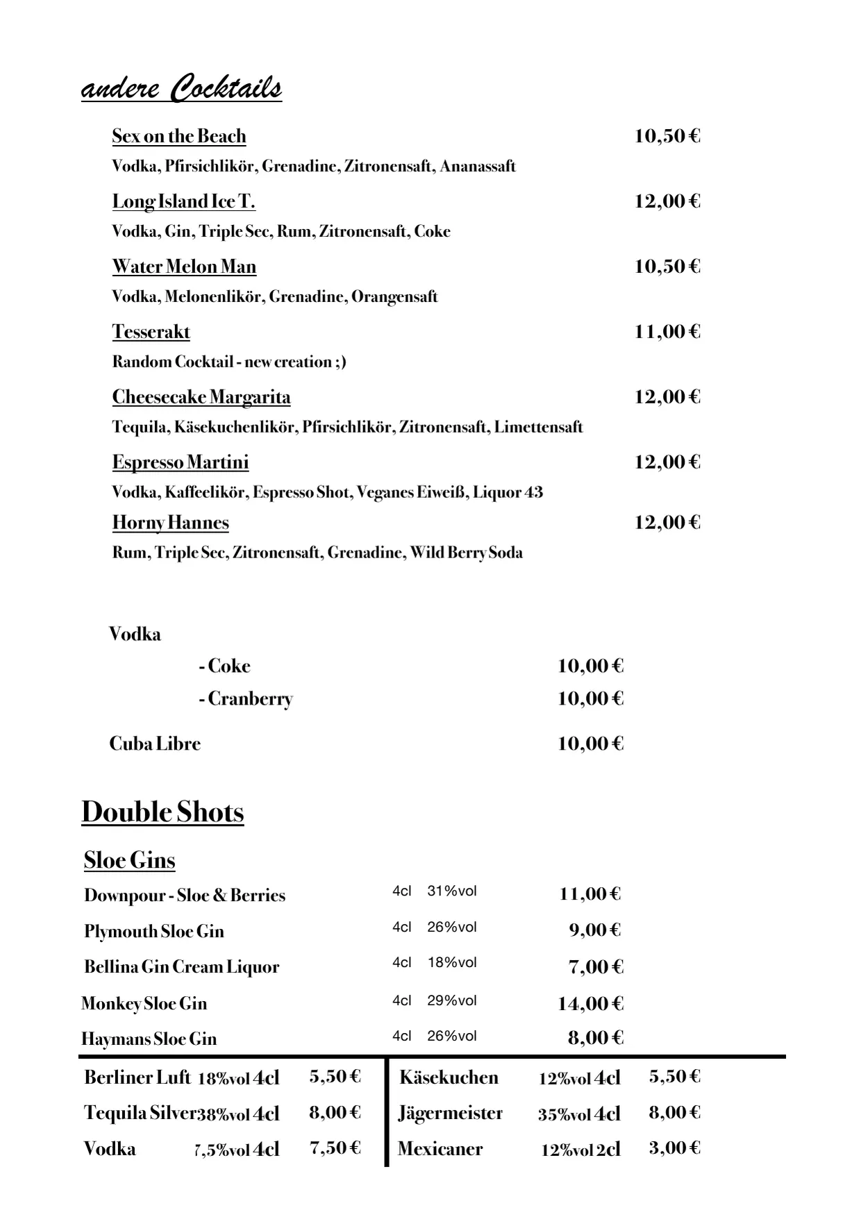 Menu, page 7 of 8: andere Cocktails
