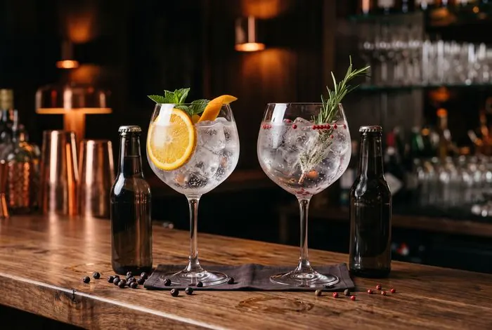 Zwei Gin Tonic in großen Gläsern mit unterschiedlichen Tonicflaschen auf einer Bartheke