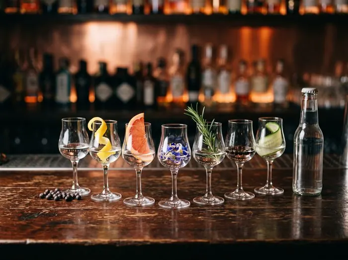 Sieben Probiergläser mit Gin und verschiedenen Garnituren auf einer Bartheke